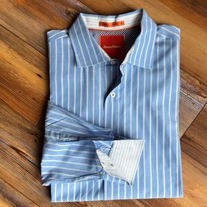 Tommy Bahama Striped Button Down Shirt Blue White Cotton Size L Classic Resort